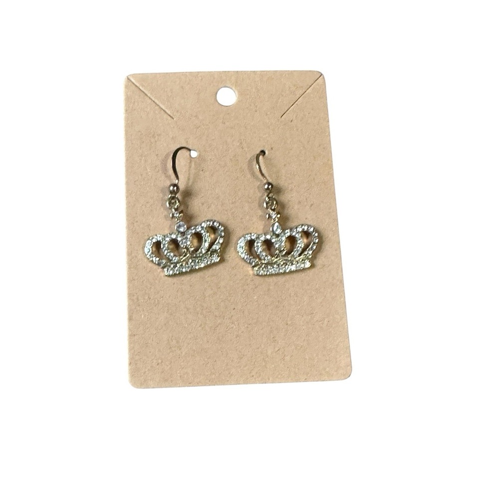 Gold Tone Rhinestone Crown Dangle Earrings Royal Tiara Drop Jewelry Women